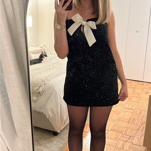H&M Black Sequin Dress with Cream Bow